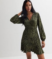 New Look Green Animal Print Collared Frill Mini Dress